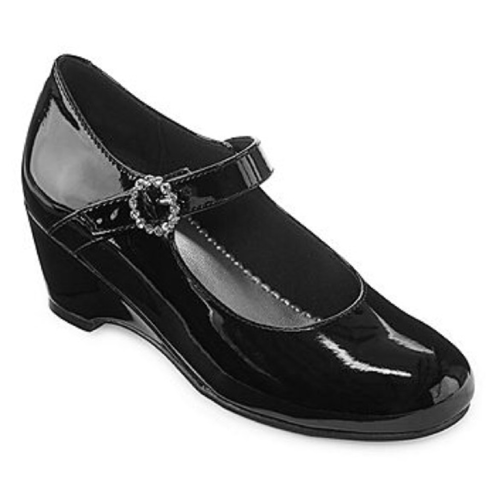 CHRISTIE AND JILL Black Patent Mary Jane Wedge Jewel Velcro close Girls SZ 1M